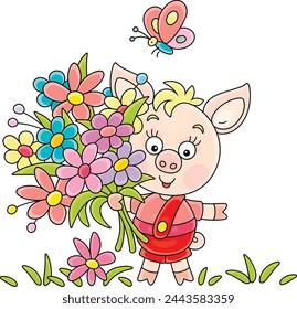 Happy little piglet with a beautiful bouquet of colorful summer flowers and a small butterfly flying around, vector cartoon illustration on a white background