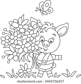 Happy little piglet with a beautiful bouquet of summer flowers and a small butterfly flying around, black and white vector cartoon illustration for a coloring book