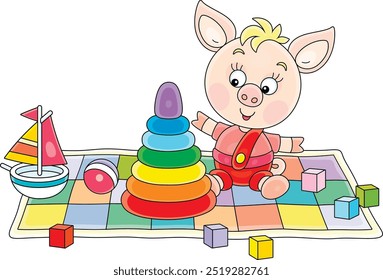 Happy little piglet romping and playing with its baby toys on a colorful carpet in a playroom, vector cartoon illustration on a white background