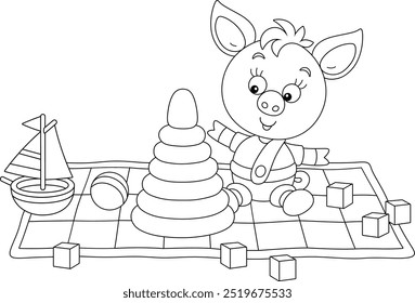 Feliz leitãozinho brincando com seus brinquedos de bebê em um tapete em uma sala de jogos, ilustração de desenho animado de contorno preto e branco para um livro de colorir