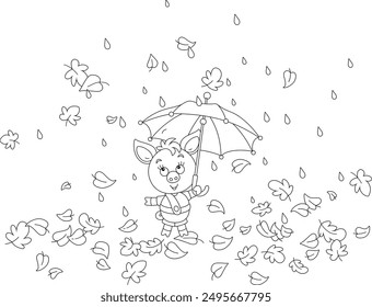 Happy little piglet with an umbrella walking among beautiful falling leaves on a rainy autumn day, black and white vector cartoon illustration for a coloring book