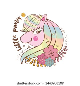 Happy little pink pony with stars smiling. Vector children's illustration. Beautiful print, sticker, sticker. Stylized flowers and lettering.