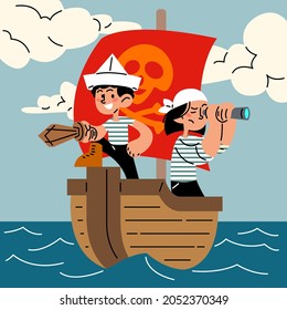 Happy little pirate kids flat vector illustration