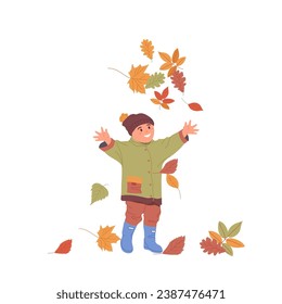 Happy little preschool child cartoon character rejoicing autumn throwing fallen leaves up in air