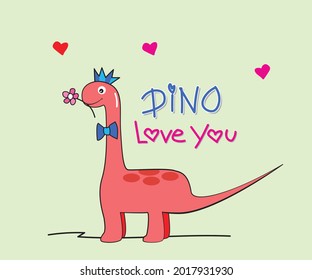 Fröhlicher kleiner Prinz-Dinosaurier. Farbige Cartoon-süß mit orange-rosa Junge Dino, der Blumen holt, schwarze Linien mit Text Dino liebt dich auf grünem Hintergrund. Vektorgrafik, Illustrationstext im Zeichenstil