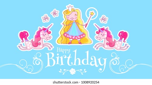 Happy Little Princess Birthday Card Template with Fairy Girl, Magic Unicorn and Pink Heart. Vector illustration