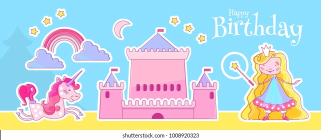 Happy Little Princess Birthday Card Template with Fairy Girl, Magic Castle, Rainbow, Crescent Moon and Stars.