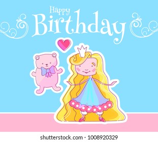 Happy Little Princess Birthday Card Template with Fairy Girl, Teddy Bear and Pink Heart. Vector illustration.