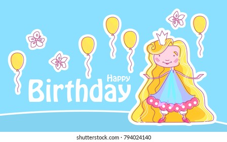 Happy Little Princess Birthday Card Template with Balloons and Flowers