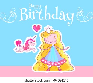 Happy Little Princess Birthday Card Template with Fairy Girl, Magic Unicorn and Pink Heart/