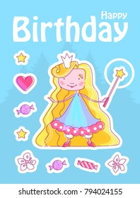 Happy Little Princess Birthday Card Template with Fairy Girl with Crown, Magic Wand. Flower, Star, Candy and Pink Heart. Vector illustration