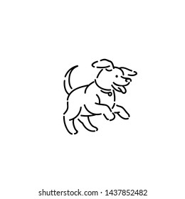 Happy little puppy with collar. Line art style character vector black white sketch isolated illustration.