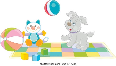 Happy little puppy gamboling and playing a striped ball among toys on a colorful checked carpet in a nursery room, vector cartoon illustration isolated on a white background