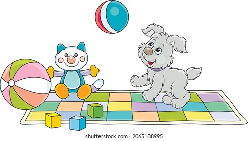 Happy little puppy gamboling and playing a striped ball among toys on a colorful checked carpet in a nursery room, vector cartoon illustration isolated on a white background