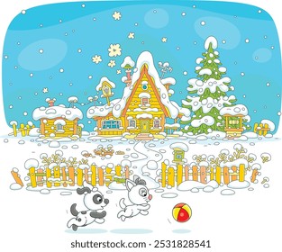 Happy little puppy and kitten playing with a toy ball in a yard of a snow-covered old village house with a fence in countryside on a pretty snowy winter day, vector cartoon illustration