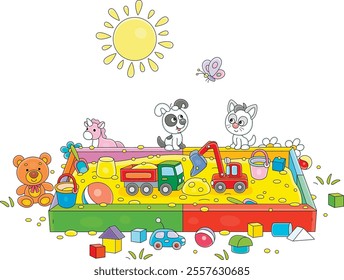 Happy little puppy and kitten playing among baby toys in a sandbox on a playground in a park on a sunny summer day, vector cartoon illustration on a white background