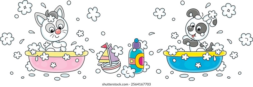 Happy little puppy and kitten playing in bubble baths and splashing with foam in a home bathroom, vector cartoon illustration on a white background