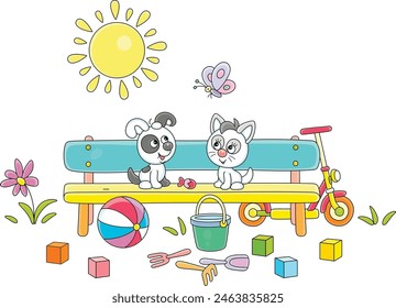 Happy little puppy and kitten sitting on a small bench among scattering toys in a park and playing with a merrily fluttering butterfly on a sunny summer day, vector cartoon illustration on white