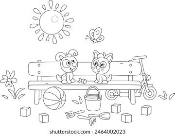 Happy little puppy and kitten sitting on a small bench among scattering toys in a park and playing with a merrily fluttering butterfly on a sunny summer day, black and white vector cartoon