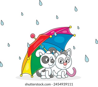 Happy little puppy and kitty hiding from summer rain under a beautiful striped umbrella, vector cartoon illustration on a white background
