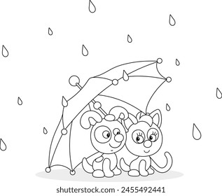 Happy little puppy and kitty hiding from summer rain under a beautiful striped umbrella, black and white vector cartoon illustration for a coloring book