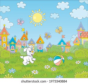 Happy little puppy playing with merry colorful butterflies on green grass of a sunny summer park in a pretty small town, vector cartoon illustration