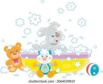 Happy little puppy washing, playing in a bubble bath and splashing with foam, vector cartoon illustration isolated on a white background