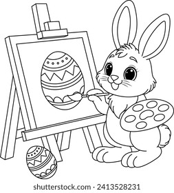 Happy little rabbit drawing Easter egg on an easel coloring page 