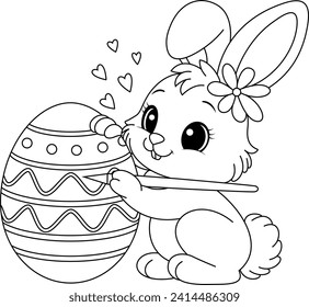 Happy little rabbit drawing Easter egg on an easel coloring page