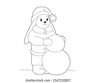 Happy little rabbit in outerwear is making  snowman. Design element or  page of children's coloring book