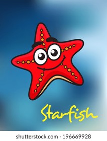 Happy little red cartoon starfish with a wide friendly smile on a underwater blue background