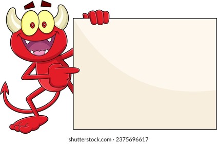 Happy Little Red Devil Cartoon Character Pointing To Blank Sign. Vector Hand Drawn Illustration Isolated On Transparent Background