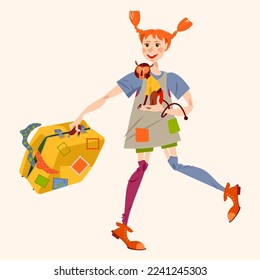 Happy little red-haired girl in long stockings with a monkey and old suitcase. Vector illustration 

