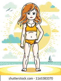 Happy little red-haired girl posing on sunny beach and wearing bright bathing suit. Vector character.