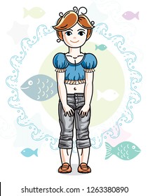 Happy little red-haired girl posing on marine background with fishes and wearing fashionable casual clothes. Vector character.