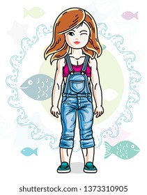 Happy little red-haired girl posing on marine background with fishes and wearing fashionable casual clothes. Vector character.