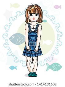 Happy little red-haired girl posing on marine background with fishes and wearing fashionable casual clothes. Vector character.