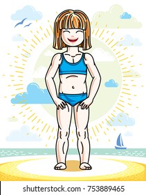 Happy little red-haired girl posing on sunny beach and wearing bright bathing suit. Vector character.