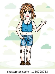 Happy little redhead girl posing on background with blue heavens clouds and wearing fashionable casual clothes. Vector character.
