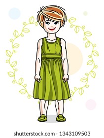 Happy little redhead girl posing on spring background with green leaves and wearing fashionable casual clothes. Vector character.