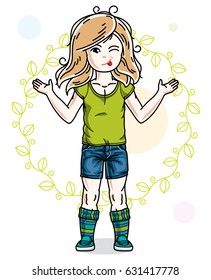 Happy little redhead girl posing on spring background with green leaves and wearing fashionable casual clothes. Vector character.