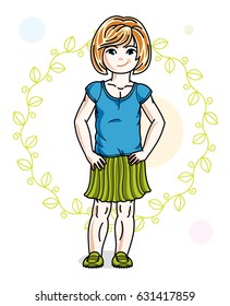 Happy little redhead girl posing on spring background with green leaves and wearing fashionable casual clothes. Vector character.