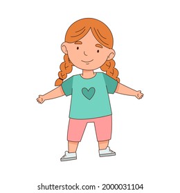 Happy Little Redhead Girl Standing with Open Arms for Hug Vector Illustration