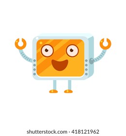 Happy Little Robot Character Simple Flat Vector Icon In Childish Cute Style Isolated On White Background