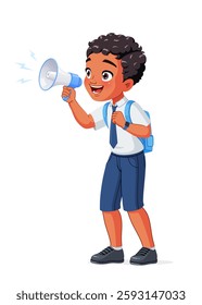 Happy little school boy with megaphone speaking or shouting excitedly making announcement. Cartoon vector illustration isolated on white background.