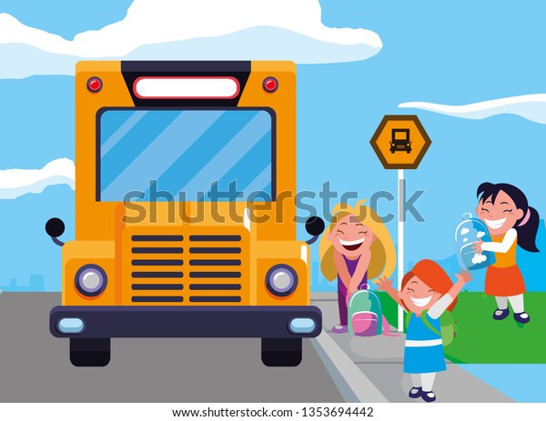 happy little school\
girls in the bus stop