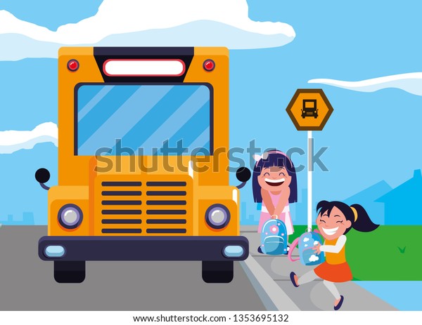 Happy Little School Girls Bus Stop Vector De Stock Libre De Regalías 1353695132 Shutterstock 