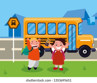 happy little school kids in the bus stop