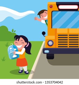happy little school kids in the bus stop