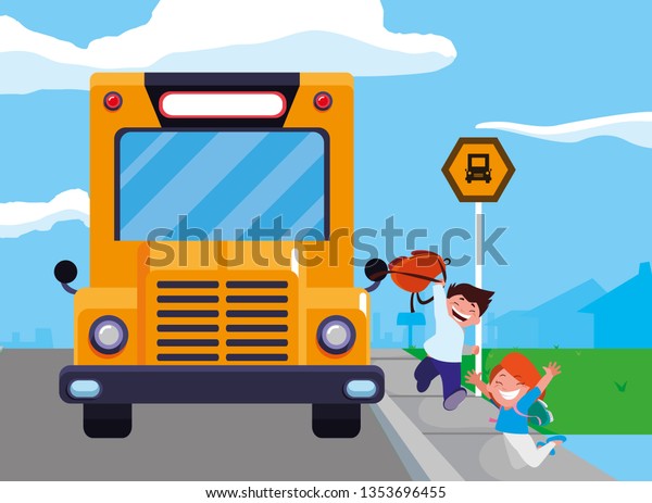 happy little school\
kids in the bus stop